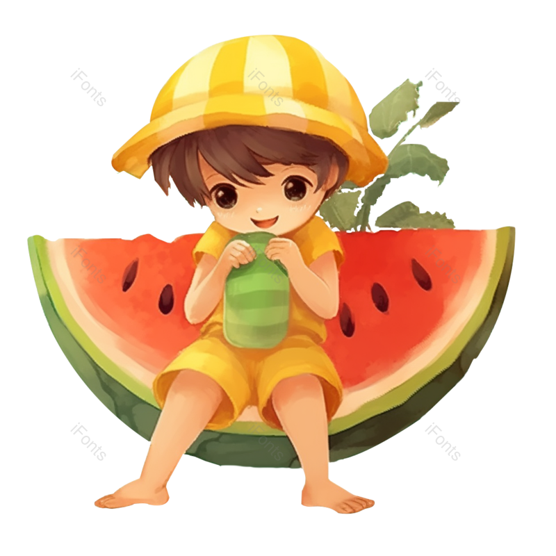 西瓜图片,荷花元素,童年PNG,儿童插画免抠素材